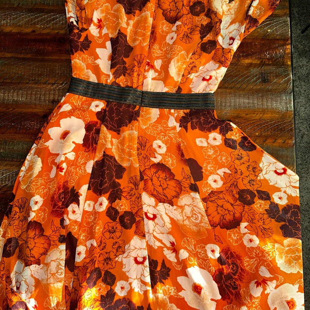 New York & Company Orange Floral Asymmetrical Dress
